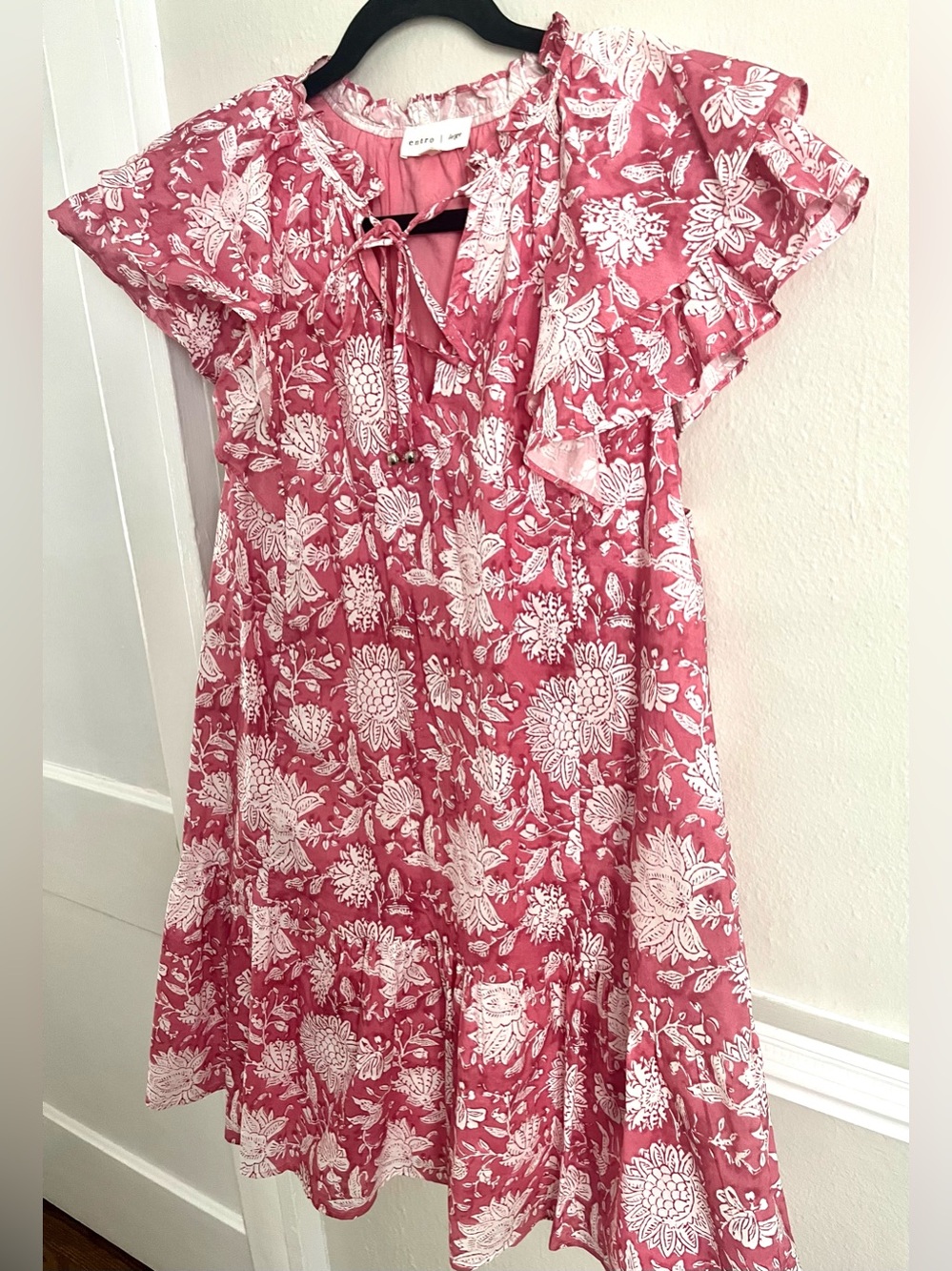 Entro Ruffle Sleeve Tiered Floral Pink Mini Dress with Pockets size Large - Picture 4 of 9